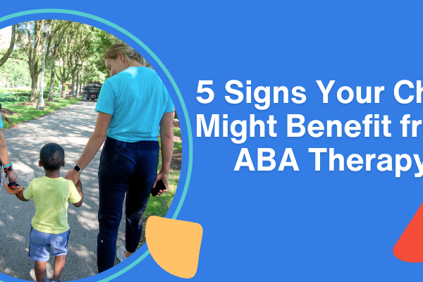 Two therapists in light blue shirts walk with a child along a tree-lined path. Abstract shapes in pastel colors frame the text: '5 Signs Your Child Might Benefit from ABA Therapy.