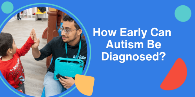 how-early-can-autism-be-diagnosed A young child in a red shirt gives a high-five to a therapist wearing a black Stride Autism Centers jacket.