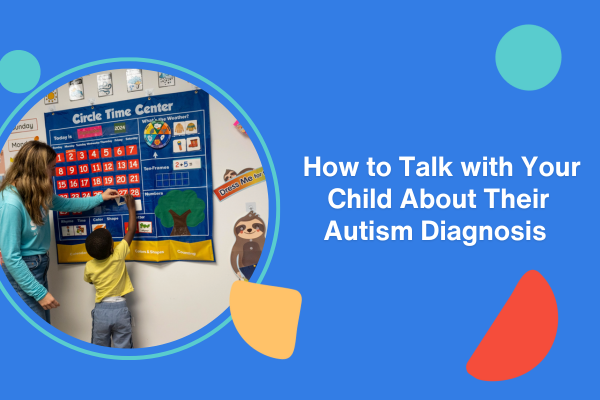 talk-to-child-about-autism (1) Child in yellow shirt placing a image card with the help of a Stride ABA therapist during Circle Time Center.
