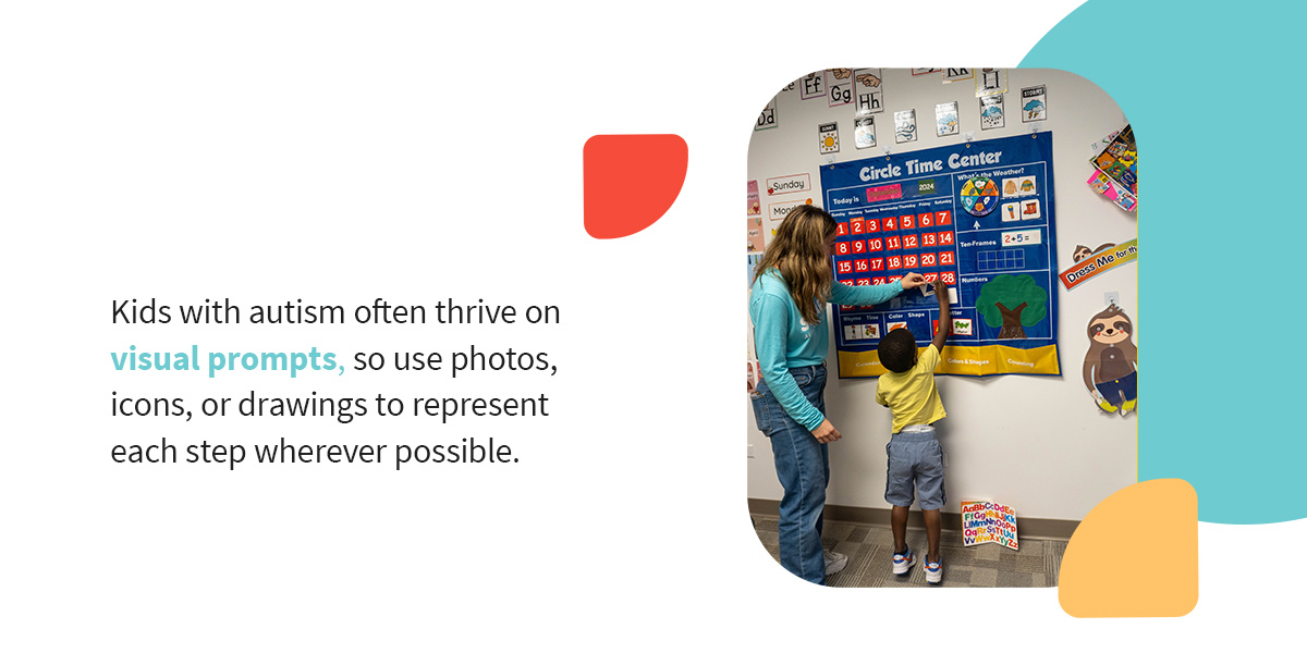 Kids with autism often thrive on visual prompts, so use photos, icons, or drawings to represent each step wherever possible.